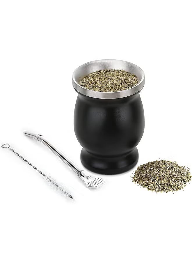 Ruili Mate tea cup, portable, double-walled stainless steel, easy to clean, mate tea gourd cup, suitable for drinking loose mate tea on various occasions, includes straw and cleaning brush, 230ml (black). - Image 1